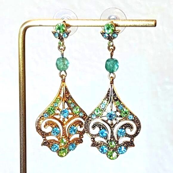 Gold Tone Filigree Blue and Green Crystal Dangle Earrings - Picture 1 of 4